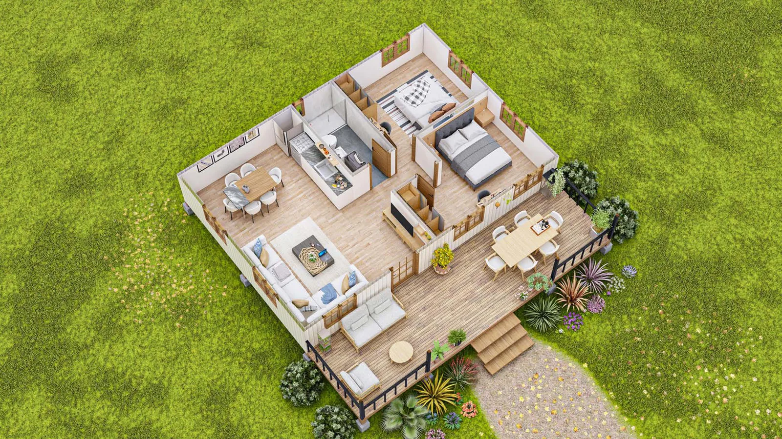 3D cutaway floor plan of the two-bedroom cottage tiny home: two bedrooms, bathroom, open kitchen and living area, and a wraparound deck